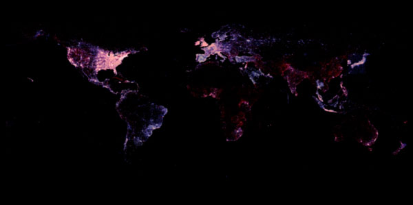 This map compares Twitter and mainstream media coverage of areas around the world.